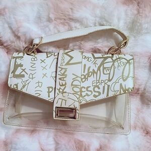 White & Gold Grafitti-Print Clear Top-Handle Bag